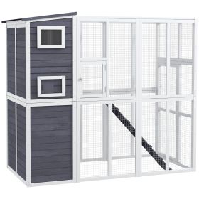 Wooden Outdoor Catio with Platforms, Asphalt Roof, Ramps, Light Gray