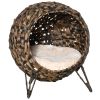 20.5 Woven Wicker Cat Bed Elevated Hand-Woven Braided Banana Leaf Kitten House Condo with Cushion Brown