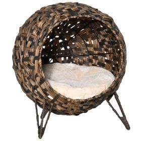 20.5 Woven Wicker Cat Bed Elevated Hand-Woven Braided Banana Leaf Kitten House Condo with Cushion Brown