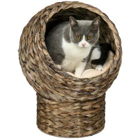 20" Natural Braided Elevated Cat Bed, Cat Basket Kitten House Chair Sofa With Cushion, Dark Brown