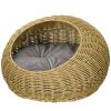 Rattan Cat Bed with Washable Cushion for Cats, Puppies, Light Brown