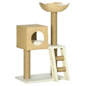 Cattail Weave Cat Tree for Indoor Cats Kitty Tower with Rattan Cat Condo, Wicker Bed, Ladder, Washable Cushions, 22.5" x 14.5" x 39.5", Natural