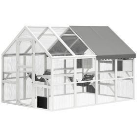 Wooden Catio Outdoor Cat Enclosure with Waterproof Cover, 2 Condos, 6 Platforms, Bridge, Doors, White