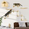 8PCs Cat Wall Shelves Pet Wall-mounted Climbing Shelf Set with Cushion Condo Scratching Posts Hammock Oak