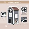 Wooden Cat House 43H Outdoor Shelter 3-Floor Kitten Condo with Asphalt Roof Escape Doors Stairs Grey White
