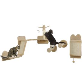 4PCs Corner Design Cat Wall Shelve with Scratching Post, Scratching Board, Perches, Cat Wands, Toy Ball, Beige