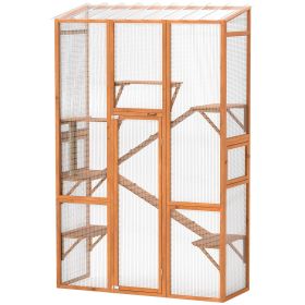 Outdoor Catio Cat Enclosure, Large Wooden Cat House with 6 Jumping Platforms, Scratching Post, 2 Ramps, for 2-3 Kittens