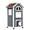 Wooden Cat House 43H Outdoor Shelter 3-Floor Kitten Condo with Asphalt Roof Escape Doors Stairs Grey White
