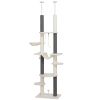 89"-100" Adjustable Floor to Ceiling Cat Tree with Scratching Posts, Hammock, Perches, Toy Balls, White