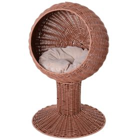 Elevated Cat Bed, Rotatable Egg Chair Pod, Thick Cushion, Natural Mat Grass Woven Kitty House, Brown