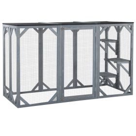 71"x32" Wooden Outdoor Cat House, Grey, Large Catio with 3 Platforms, Asphalt Roof Indoor Pet Enclosures