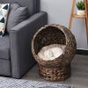Handmade Wicker Elevated Cat Bed with Cushion Dark Brown for Kittens