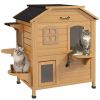 2-Story Wooden Outdoor Cat House Feral Shelter with Escape Door Asphalt Roof 4 Platforms Natural