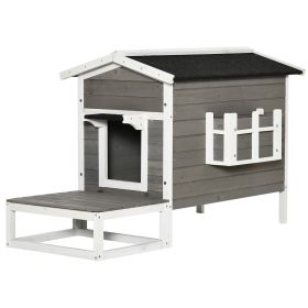 Cat House Feral Cat Shelter, Outdoor Kitten Condo with Escape Door, Porch & Flower Stand for Indoor Outdoor, Dark Grey/White