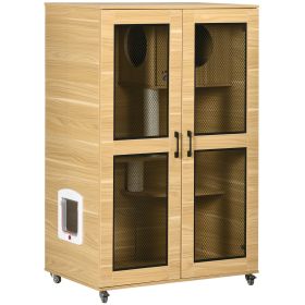 Cat House with Cat Tree, Kitty Cage with Scratching Posts Condo Cat Enclosure Lockable Wheels, Oak