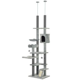 89"-100" Floor to Ceiling Cat Tree, Morden Cat Tower with Hammock, Scratching Post & Toy Balls, Indoor Cat Activity Center, Gray