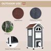 Wooden Cat House 43H Outdoor Shelter 3-Floor Kitten Condo with Asphalt Roof Escape Doors Stairs Grey White
