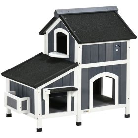 Outdoor Cat House with Flower Pot, 2-Story Feral Cat House with Weather Resistant Roof, Wooden Cat Shelter with Window, Multiple Entrances
