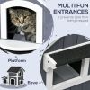 Outdoor Cat House with Flower Pot, 2-Story Feral Cat House with Weather Resistant Roof, Wooden Cat Shelter with Window, Multiple Entrances
