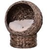 Handmade Wicker Elevated Cat Bed with Cushion Dark Brown for Kittens