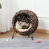 20.5 Woven Wicker Cat Bed Elevated Hand-Woven Braided Banana Leaf Kitten House Condo with Cushion Brown
