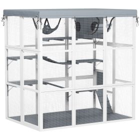 Large Outdoor Catio Cat Enclosure with Hammock, Condo, Jump Platforms, Ladders, Ramps, Tarp, for 2-4 Large Cats, Gray