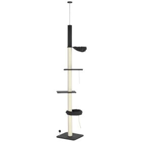 Cat Climbing Tower Floor to Ceiling 5-Tier Adjustable 95''-106'' with Hammock Scratching Post Toy Ball Black Cream