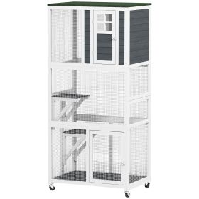 Outdoor Cat House, Wooden Catio on Wheels, Large Kitten Playpen with Weather Protection Roof, 2 Platforms, Resting Condo, Enter Door 36"L