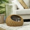 Rattan Cat Bed with Washable Cushion for Cats, Puppies, Light Brown