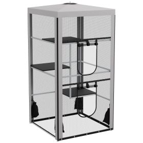 79"H Cat House Kitten Enclosure Mesh Playpen Steel Frame with 3 Platforms, 2 Doors and 4 Sandbags for Stability, Indoor/Outdoor