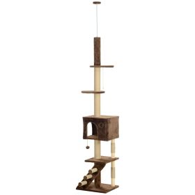 89"-104" Floor to Ceiling Cat Tree, Cat Condo Tower with 3 Steps, Scratching Posts & Hanging Toys Ball, Brown
