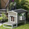 Cat House Feral Cat Shelter, Outdoor Kitten Condo with Escape Door, Porch & Flower Stand for Indoor Outdoor, Dark Grey/White
