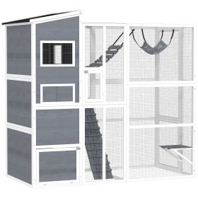Large Wooden Catio Outdoor, Cat Enclosure w/ 4 Tier Resting Rooms, 3 Platforms, 1 Soft Ladder, 2 Ramps, 1 Hammock, Gray