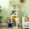 63 Inch Moon and Star Themed Cat Tree with Scratching Post, Hammock, Condo, Bed & Scratching Board, Cat Toys, Beige