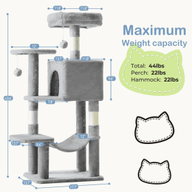 44 Inch Cat Tree Tower, Multi-Cat Climbing Tower With, Natural Sisal Scratching Posts, Extended Platform, Hammock (Color: LIGHT GREY)