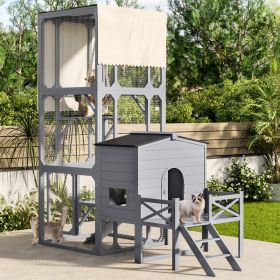 Catio Cat House Outdoor Large Cat Enclosure, Wooden Cat Cage For Multiple Cats With Jumping Platforms And Cat Swing, Removable Waterproof Cover, (Option: Gray)