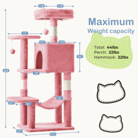 44 Inch Cat Tree Tower, Multi-Cat Climbing Tower With, Natural Sisal Scratching Posts, Extended Platform, Hammock (Color: Pink)