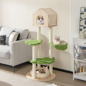 55 Inch Tall Cat Climbing Stand with Sisal Scratching Posts and Soft Cat Bed for Indoor Kittens (Color: Green)
