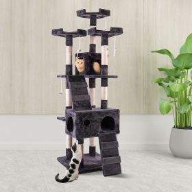 Multi-Level Cat Tree Tower House with Play Tunnel and Dangling Interactive Toy (Color: Gray)