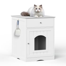 Wooden Pet House Cat Litter Box Enclosure with Drawer, Side Table, Indoor Pet Crate, Cat Home Nightstand (Color: White, Material: Solid Wood)