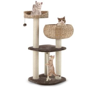 41 Inch Rattan Cat Tree with Napping Perch (Color: Beige)