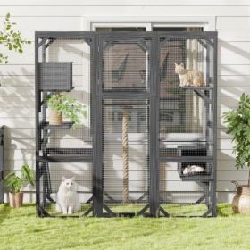 Outdoor Cat House  DIY Cat Enclosure, Cat Catio With Double Enter Doors  62.8 L X 32.2 W X68.5 H Balcony Cat Playpen With Platforms And Two Condo (Color: DARK GREY)